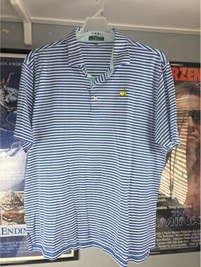 Masters Peter Millar Size XL Short Sleeve Golf Shirt Blue Striped Performance